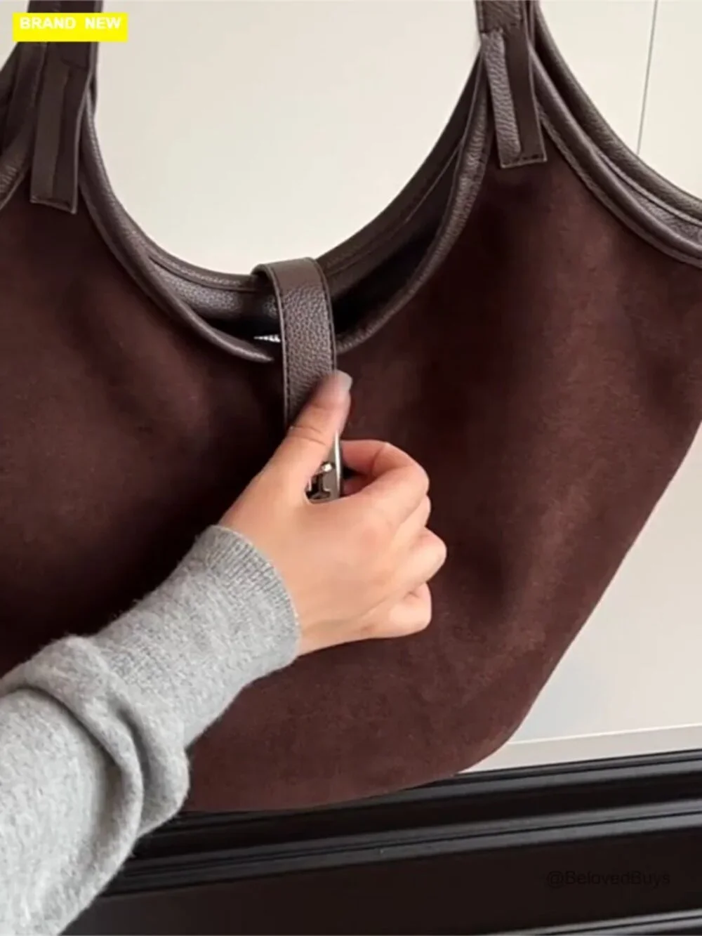 Faux Suede Hobo Tote Bag with Cross Lock, Zipper Closure
